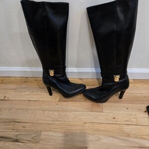 Michael Kors Black Heeled Boots with Gold Accent Stlye Hamilton
